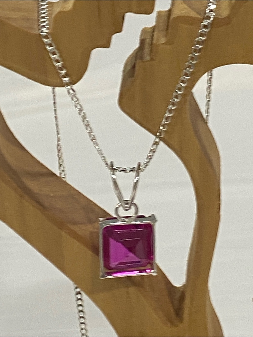Silver Necklace with Pink Square Gem Pendant